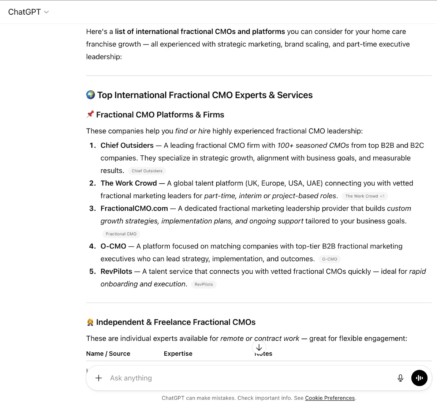 نتیجه جستجوی هوشم صنوعی برای - به دنبال یک CMO پاره‌وقت (Fractional CMO)- چت جی پی تی